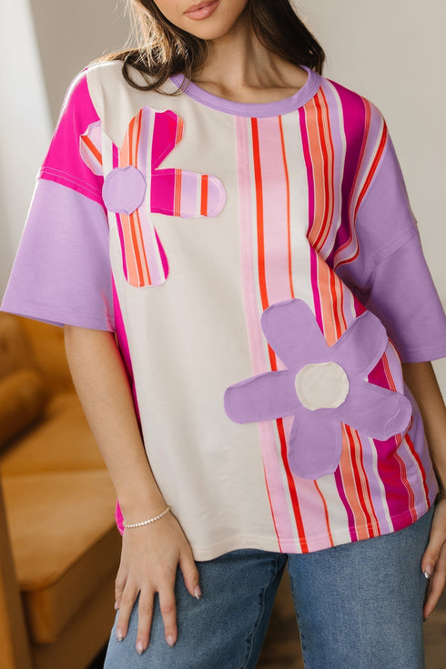 Striped Floral Applique Mixed Print Half Sleeve Top
