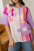 Striped Floral Applique Mixed Print Half Sleeve Top