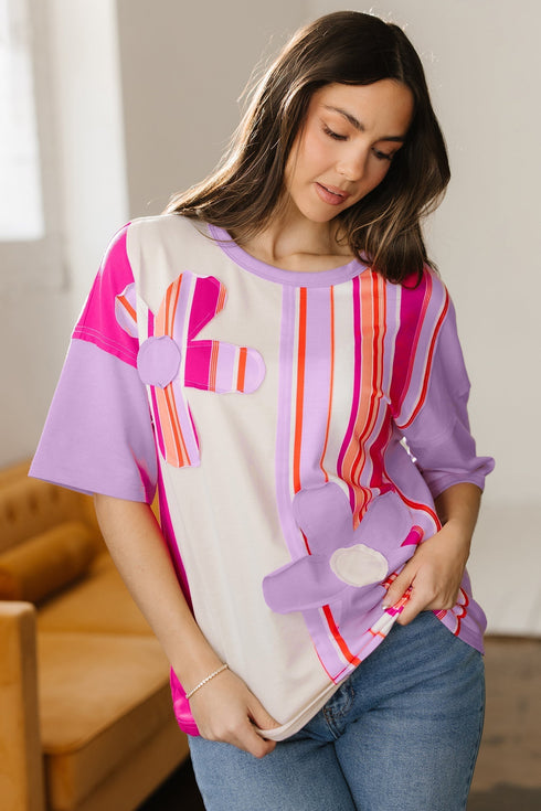 Striped Floral Applique Mixed Print Half Sleeve Top