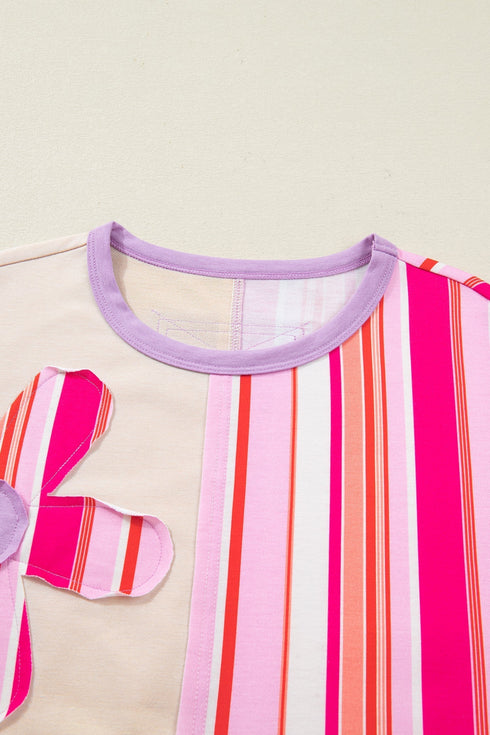Striped Floral Applique Mixed Print Half Sleeve Top
