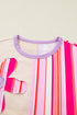 Striped Floral Applique Mixed Print Half Sleeve Top