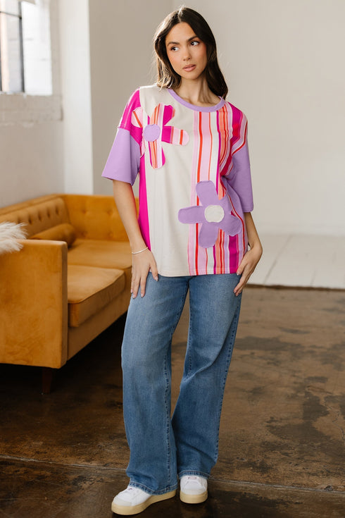 Striped Floral Applique Mixed Print Half Sleeve Top