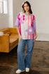 Striped Floral Applique Mixed Print Half Sleeve Top