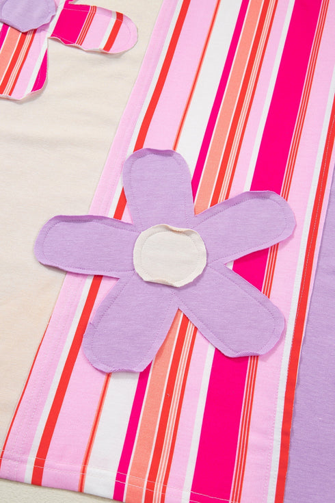 Striped Floral Applique Mixed Print Half Sleeve Top