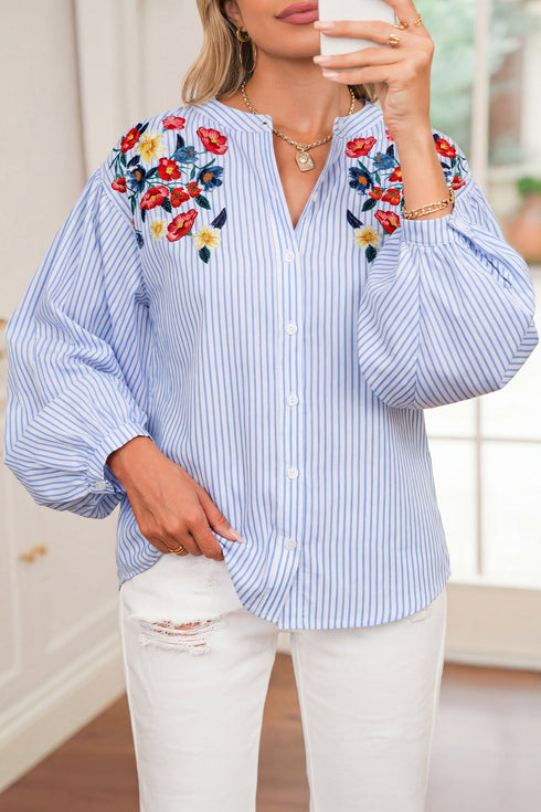 Striped Floral Embroidered Button Front Balloon Sleeve Blouse
