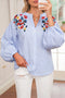 Striped Floral Embroidered Button Front Balloon Sleeve Blouse