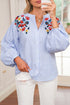 Striped Floral Embroidered Button Front Balloon Sleeve Blouse
