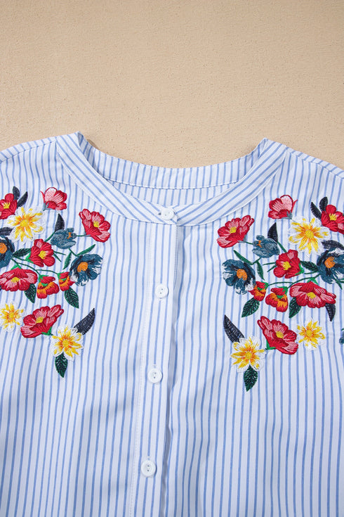Striped Floral Embroidered Button Front Balloon Sleeve Blouse