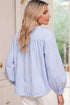 Striped Floral Embroidered Button Front Balloon Sleeve Blouse