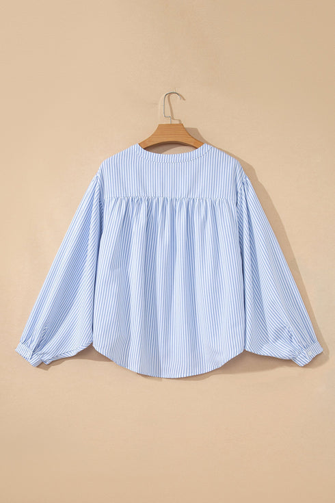 Striped Floral Embroidered Button Front Balloon Sleeve Blouse