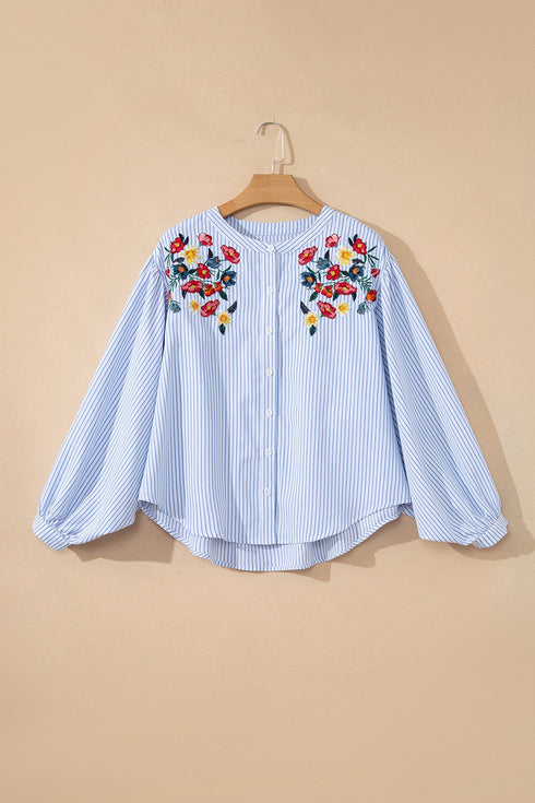 Striped Floral Embroidered Button Front Balloon Sleeve Blouse