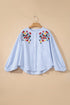 Striped Floral Embroidered Button Front Balloon Sleeve Blouse