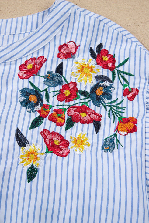 Striped Floral Embroidered Button Front Balloon Sleeve Blouse