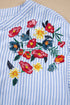 Striped Floral Embroidered Button Front Balloon Sleeve Blouse