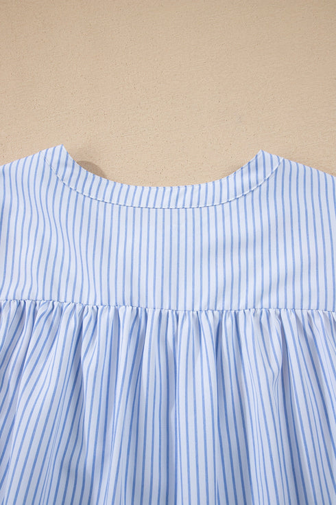 Striped Floral Embroidered Button Front Balloon Sleeve Blouse