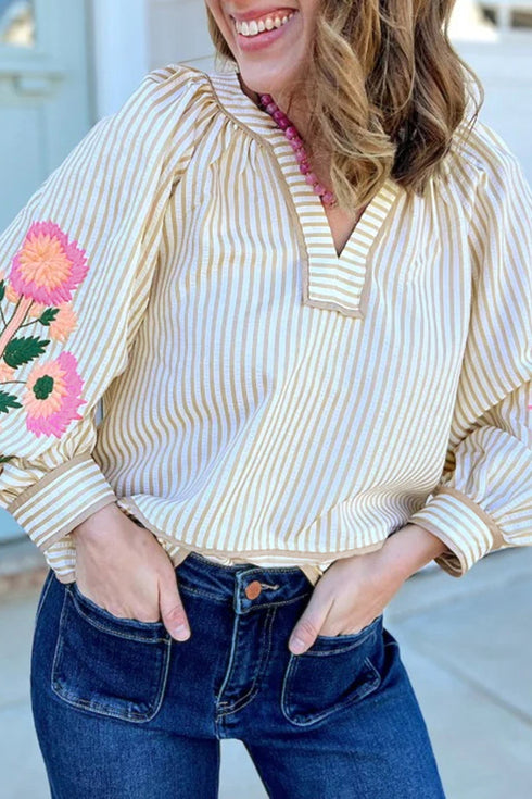 Striped Floral Embroidered V Neck Long Sleeve Blouse