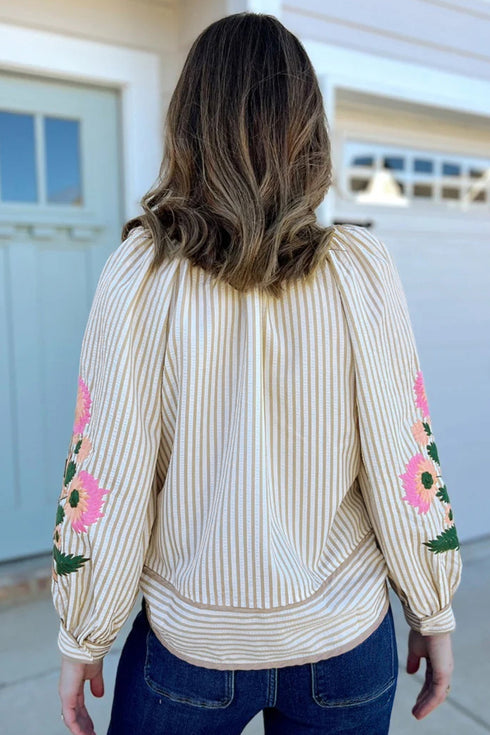 Striped Floral Embroidered V Neck Long Sleeve Blouse