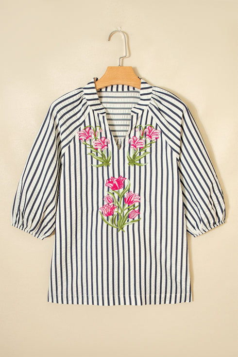 Striped Floral Embroidered V Neck Short Sleeve Blouse