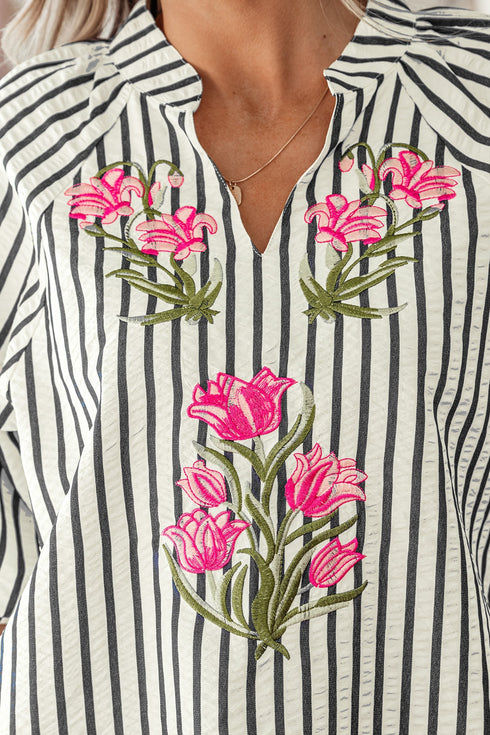 Striped Floral Embroidered V Neck Short Sleeve Blouse