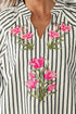 Striped Floral Embroidered V Neck Short Sleeve Blouse