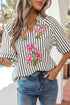 Striped Floral Embroidered V Neck Short Sleeve Blouse
