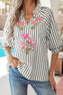 Striped Floral Embroidered V Neck Short Sleeve Blouse