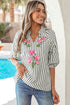 Striped Floral Embroidered V Neck Short Sleeve Blouse