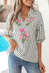 Striped Floral Embroidered V Neck Short Sleeve Blouse