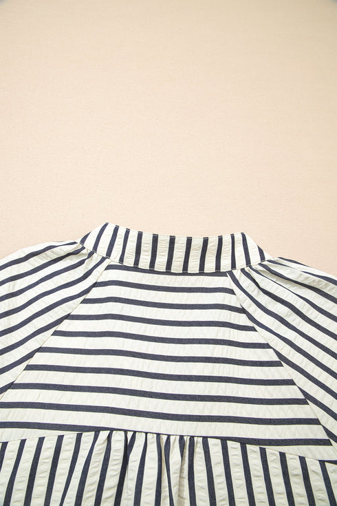 Striped Floral Embroidered V Neck Short Sleeve Blouse
