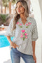 Striped Floral Embroidered V Neck Short Sleeve Blouse