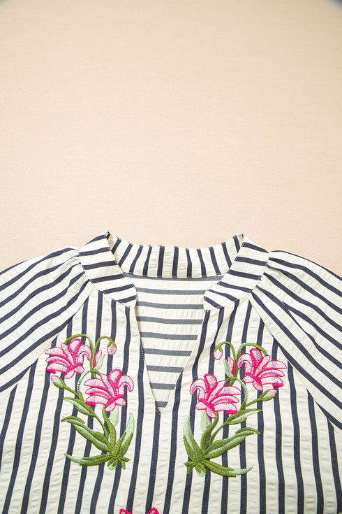 Striped Floral Embroidered V Neck Short Sleeve Blouse
