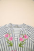 Striped Floral Embroidered V Neck Short Sleeve Blouse