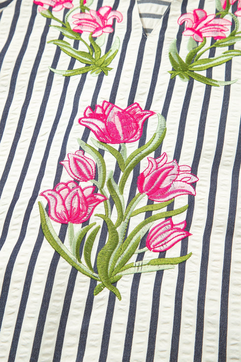 Striped Floral Embroidered V Neck Short Sleeve Blouse