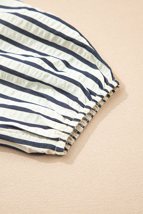 Striped Floral Embroidered V Neck Short Sleeve Blouse