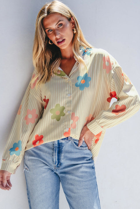 Striped Floral Print Oversized Button Up Shirt