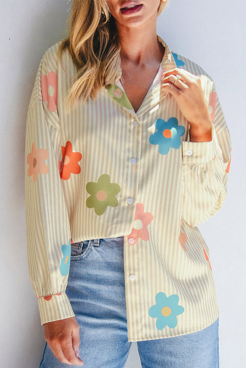Striped Floral Print Oversized Button Up Shirt