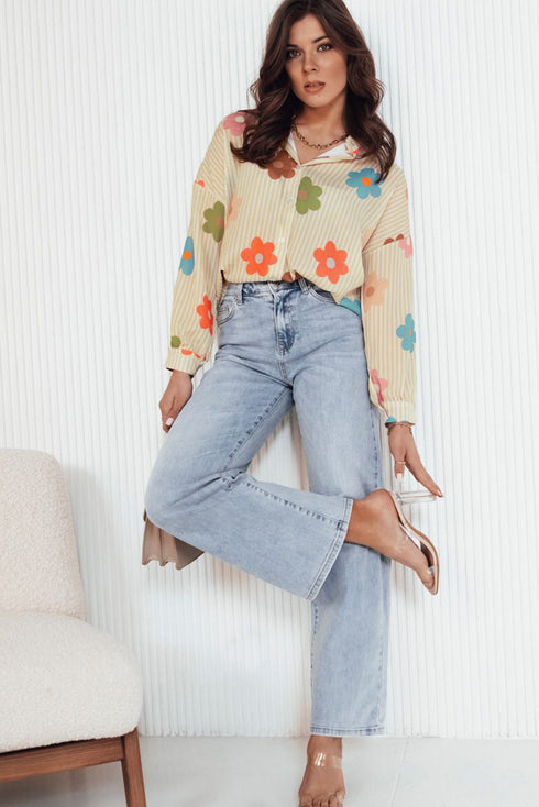 Striped Floral Print Oversized Button Up Shirt