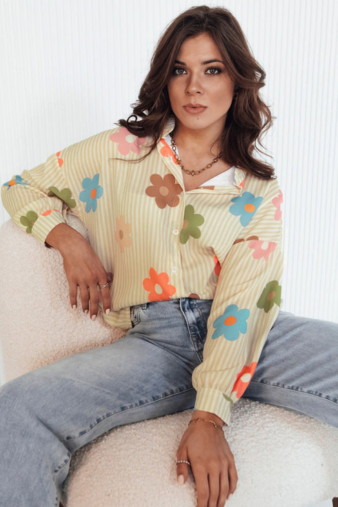 Striped Floral Print Oversized Button Up Shirt