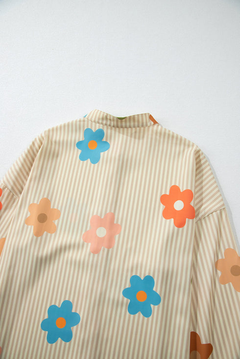 Striped Floral Print Oversized Button Up Shirt