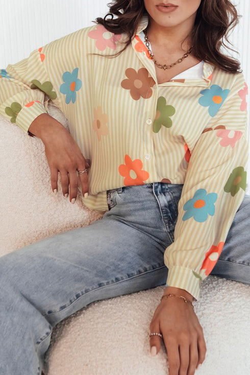 Striped Floral Print Oversized Button Up Shirt
