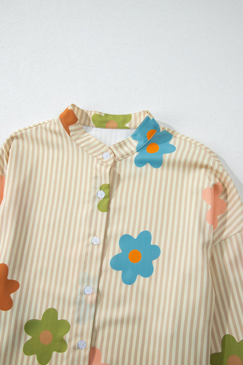 Striped Floral Print Oversized Button Up Shirt