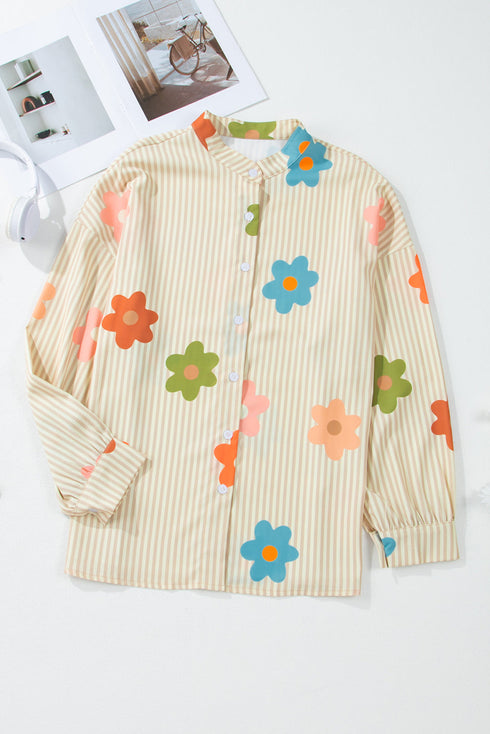 Striped Floral Print Oversized Button Up Shirt