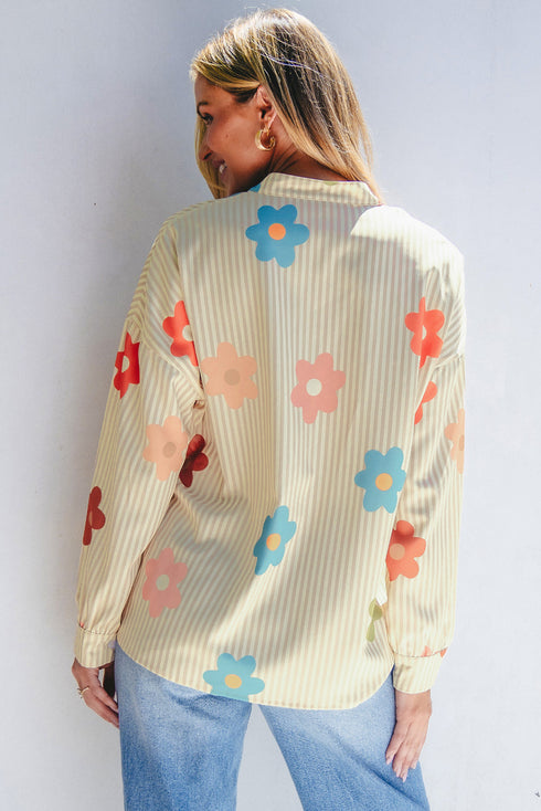 Striped Floral Print Oversized Button Up Shirt