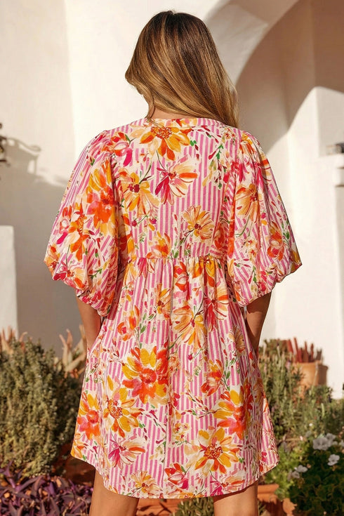 Striped Floral Print Tie Neck Puff Sleeve Mini Dress