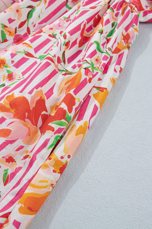 Striped Floral Print Tie Neck Puff Sleeve Mini Dress