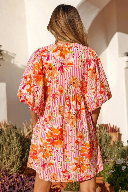 Striped Floral Print Tie Neck Puff Sleeve Mini Dress