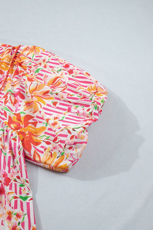 Striped Floral Print Tie Neck Puff Sleeve Mini Dress