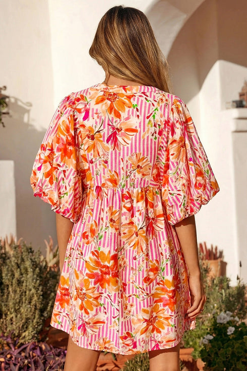 Striped Floral Print Tie Neck Puff Sleeve Mini Dress