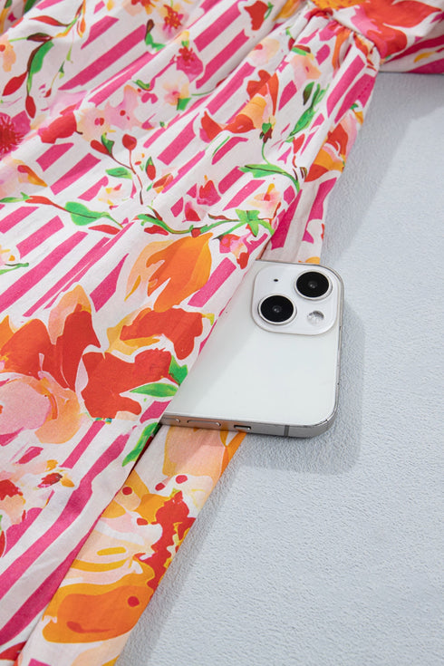 Striped Floral Print Tie Neck Puff Sleeve Mini Dress