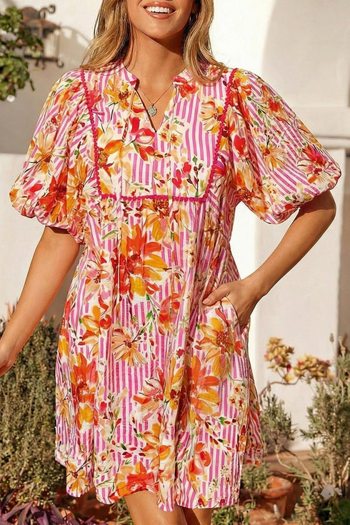 Striped Floral Print Tie Neck Puff Sleeve Mini Dress